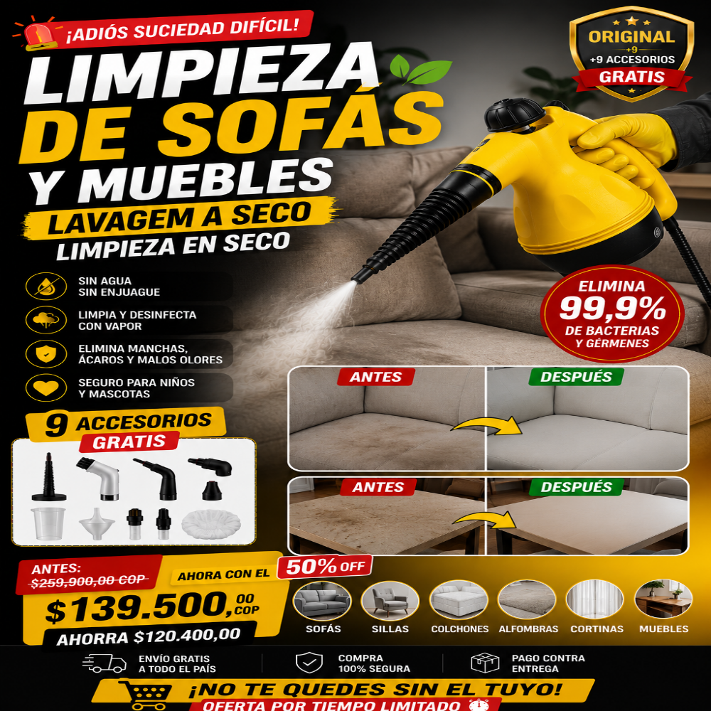 🚨 ¡OFERTA LIMITADA! 🚨 Limpiador a Vapor Multiusos 9 en 1 con Accesorios GRATIS